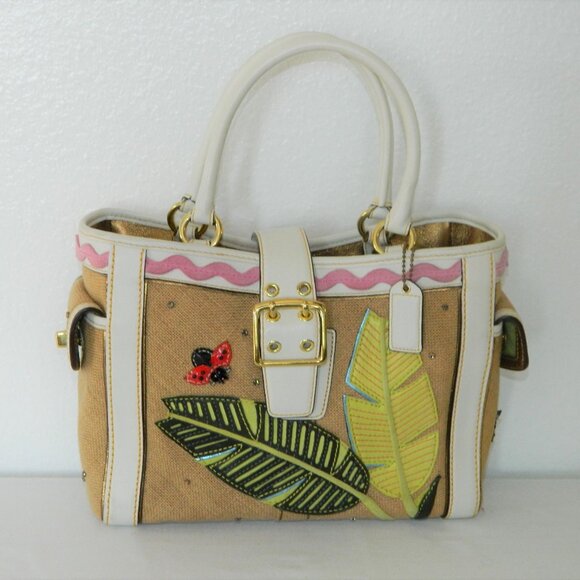 Coach Lady Bug Motif Straw Leather Appliqué Tote Bag Limited Edition - Picture 1 of 13